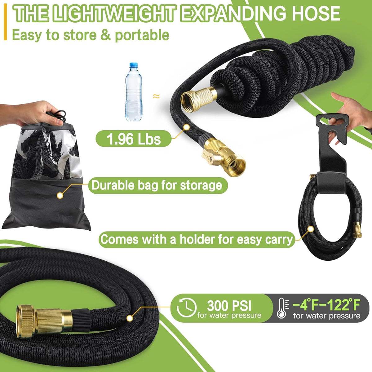 25FT Expandable Lightweight Garden Hose with 10-Function Nozzle and Solid Connector - No Kink Design (Black)