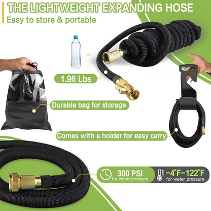 25FT Expandable Lightweight Garden Hose with 10-Function Nozzle and Solid Connector - No Kink Design (Black)