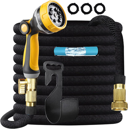 25FT Expandable Lightweight Garden Hose with 10-Function Nozzle and Solid Connector - No Kink Design (Black)
