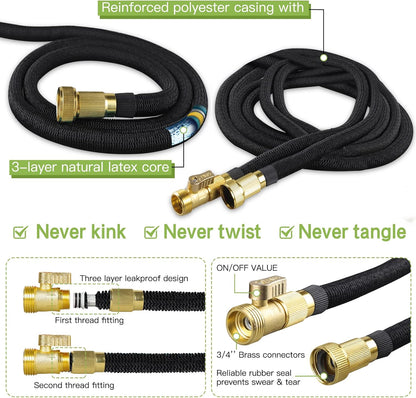 25FT Expandable Lightweight Garden Hose with 10-Function Nozzle and Solid Connector - No Kink Design (Black)